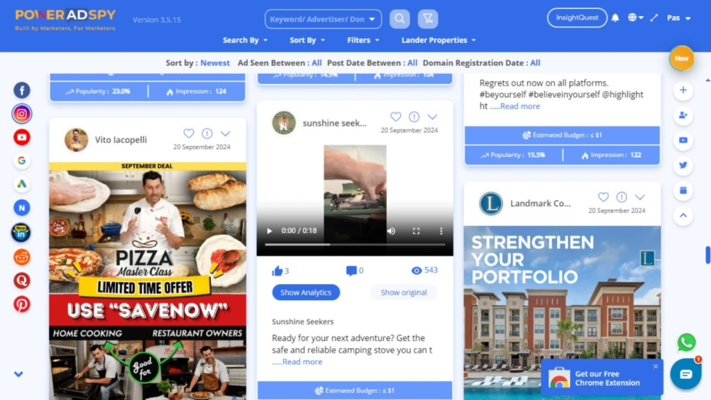 PowerAdSpy dashboard displaying competitor ads from multiple advertisers side by side, with platform icons (Facebook, Instagram, YouTube, Google) in the left sidebar.