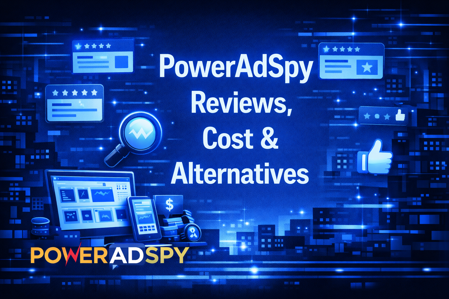 Illustration with centered text “PowerAdSpy Reviews, Cost & Alternatives,” featuring a magnifying glass, analytics dashboard, and the PowerAdSpy logo on a futuristic city background.