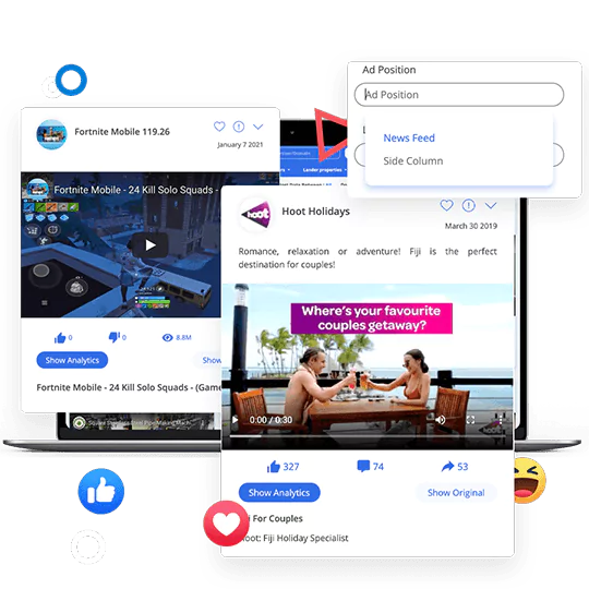 AT: PowerAdSpy dashboard on a laptop displaying Facebook ad examples with an 'Ad Position' filter dropdown open, showing News Feed and Side Column targeting options.