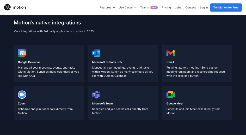 Motion's native integrations dashboard displaying six connected tools: Google Calendar, Outlook 365, Gmail, Zoom, Microsoft Teams, and Google Meet.