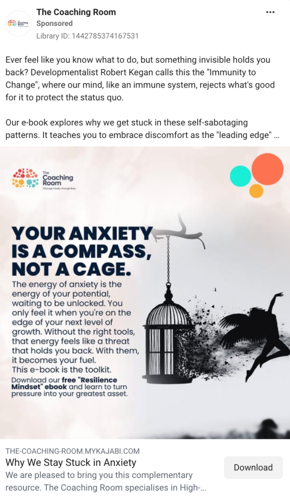 Static image lead magnet ad from The Coaching Room promoting a free "Resilience Mindset" ebook with a Download call to action.
