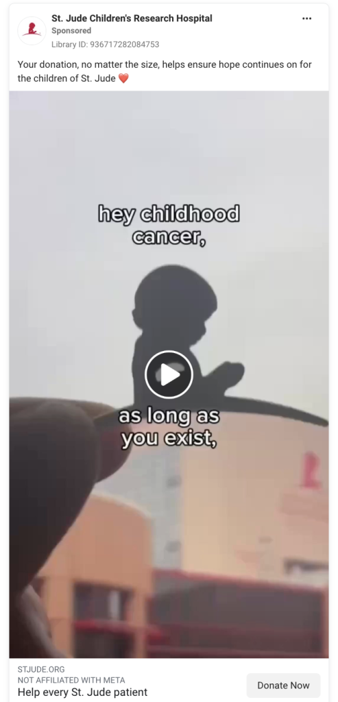 St. Jude Children's Research Hospital video ad showing a child silhouette with the text "hey childhood cancer, as long as you exist" and a Donate Now call to action