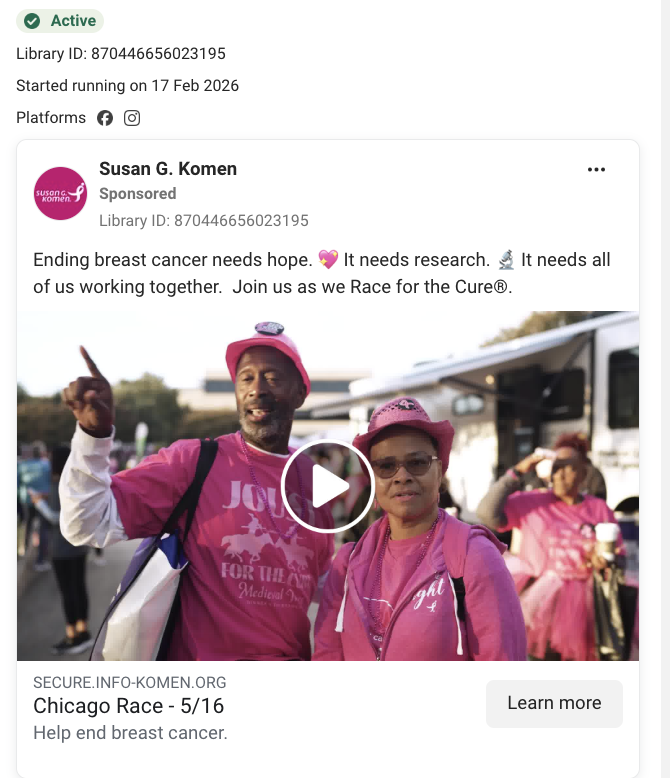 Susan G. Komen Race for the Cure video ad with community-driven copy and pink branding encouraging supporters to join a fundraising event