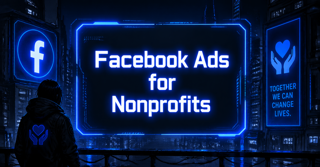 Facebook Ads for Nonprofits graphic with a hooded figure bearing a heart-and-hands emblem, a charity billboard, and the Facebook logo against a dark, rainy city background.