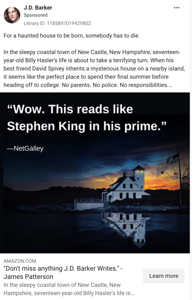 Static image Facebook ad for J.D. Barker's thriller novel with a plot-teasing hook, James Patterson endorsement headline, and a Shop Now call to action linking to Amazon.