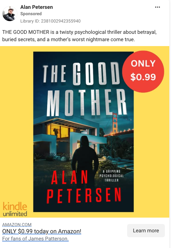 Book cover for The Good Mother by Alan Petersen, a hooded figure before the Golden Gate Bridge, promoted with a red badge: ONLY $0.99