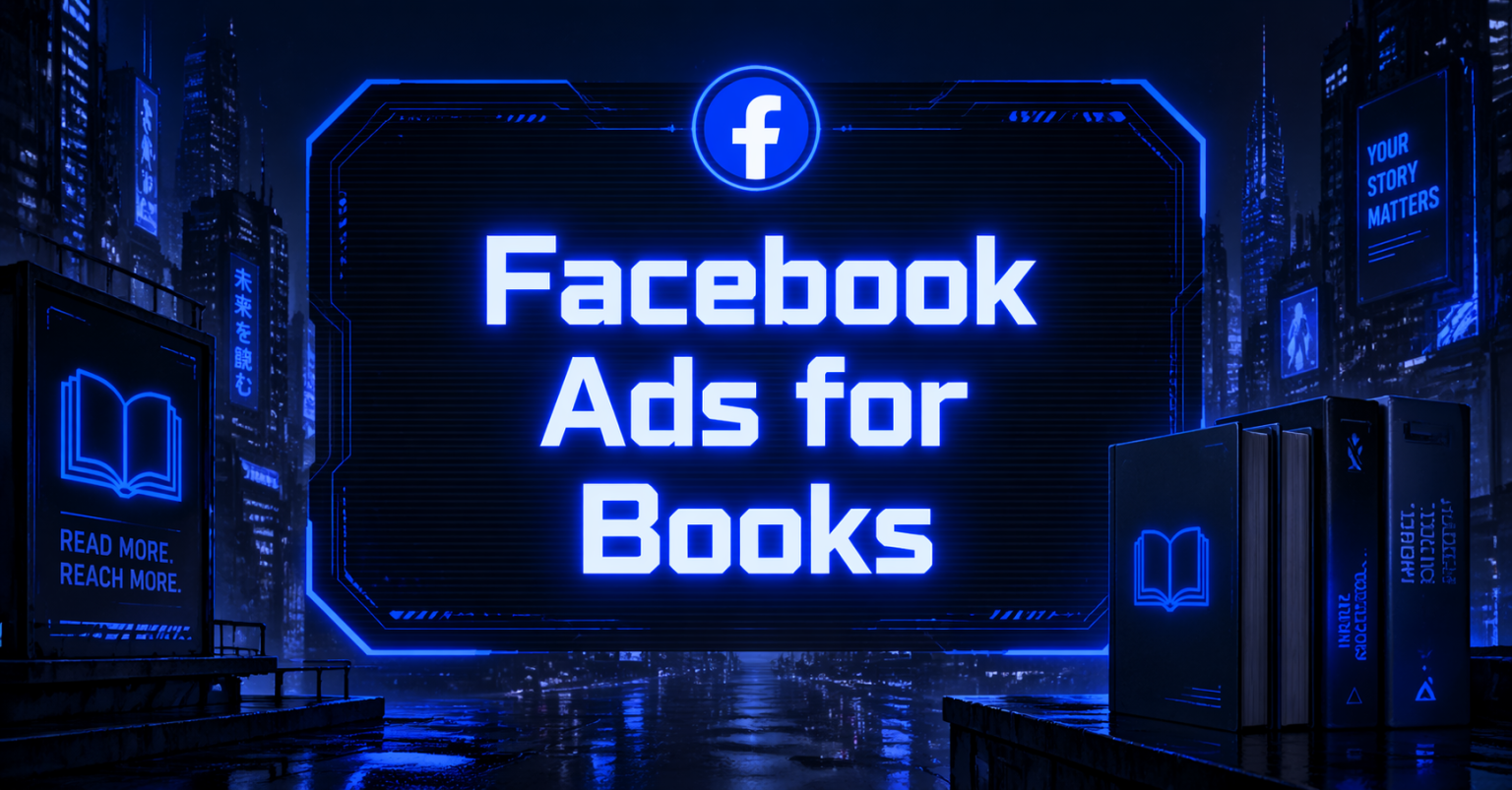 Neon blue cityscape with a futuristic screen displaying Facebook Ads for Books, surrounded by glowing billboards and stacks of digital books.
