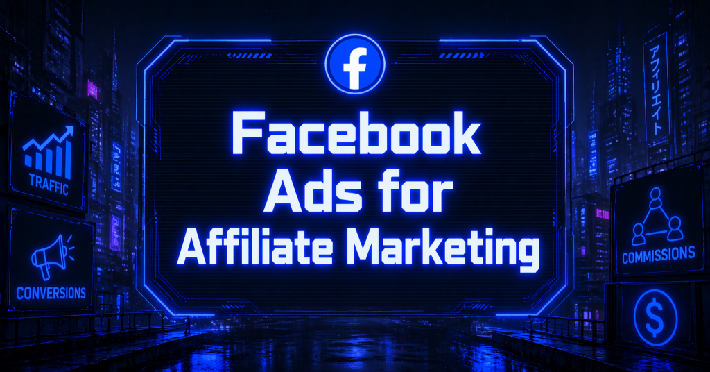 Neon blue cyberpunk cityscape with a futuristic screen displaying Facebook Ads for Affiliate Marketing, surrounded by glowing billboards, conversions, and commissions icons.