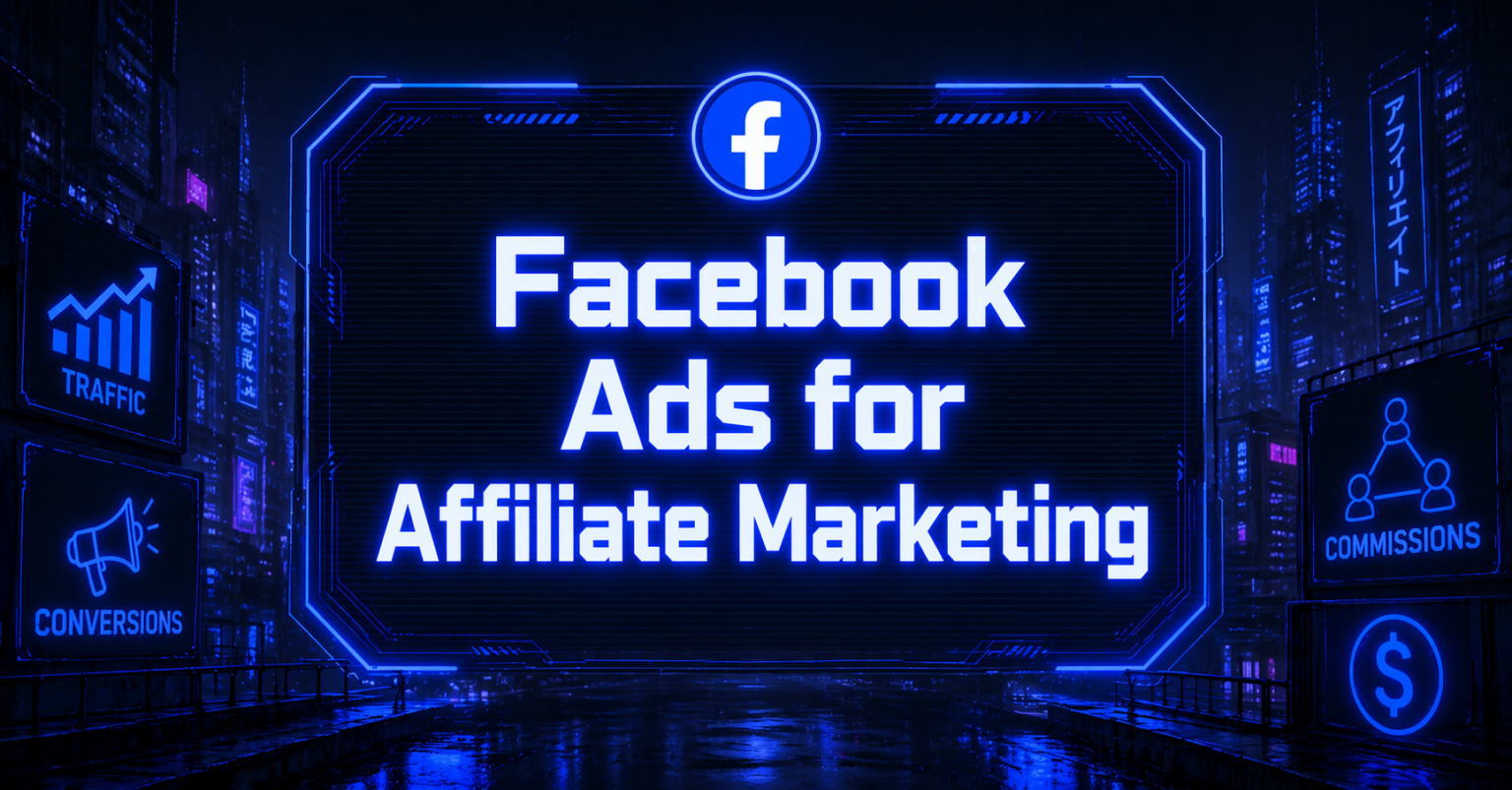 Neon blue cyberpunk cityscape with a futuristic screen displaying Facebook Ads for Affiliate Marketing, surrounded by glowing billboards, conversions, and commissions icons.
