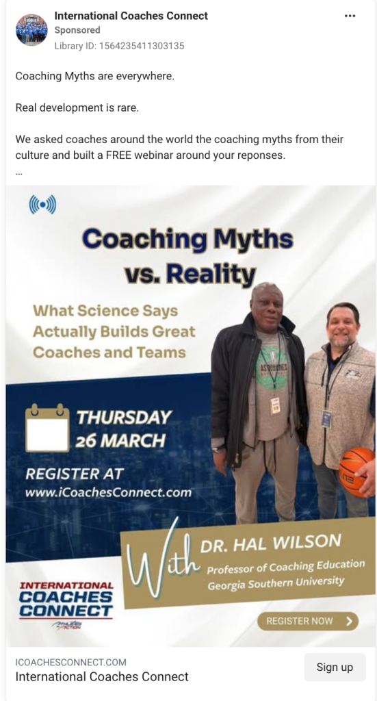 Static image webinar ad from International Coaches Connect featuring Dr. Hal Wilson, illustrating a benefit-driven free coaching webinar promotion.