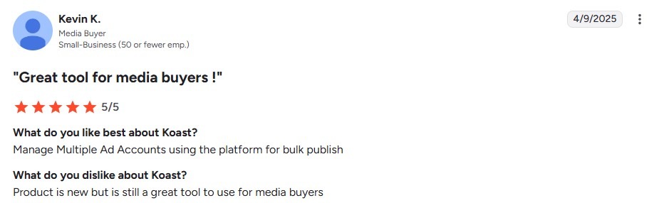 A user review from a small-business media buyer, including written feedback on what they liked and disliked about the platform.