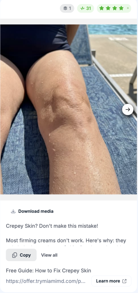 Facebook static image ad from an affiliate marketer offering a free guide to fixing crepey skin, with a Learn More call to action that routes traffic to a beauty product prelander page.