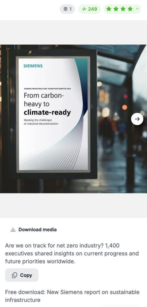 Siemens B2B Facebook lead magnet ad with a report mockup and a free download CTA targeting business executives.