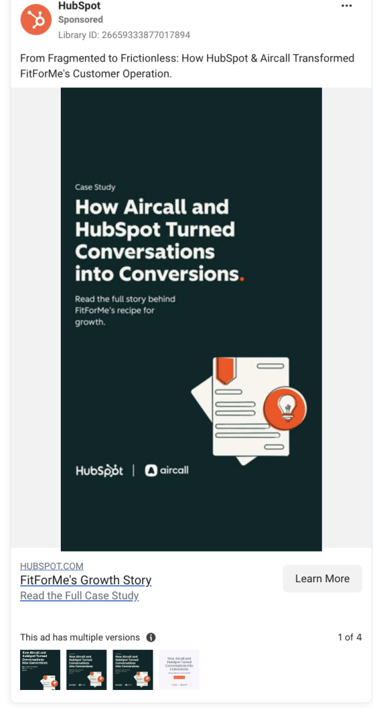 HubSpot B2B Facebook case study ad featuring a customer transformation story and a Read the Full Case Study CTA.