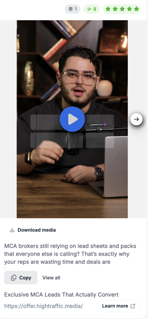 B2B problem-first Facebook video ad with a presenter addressing sales lead quality pain points and a Learn More CTA.