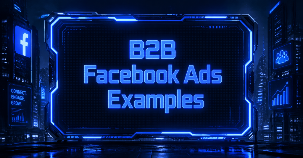 Cyberpunk blue interface displaying “B2B Facebook Ads Examples” on a futuristic digital screen.