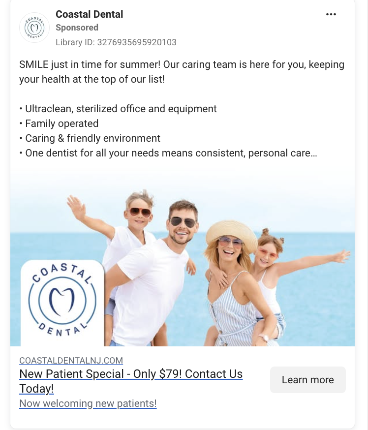 Coastal Dental Facebook ad showing a $79 new patient special with trust signals and a Contact Us call to action.