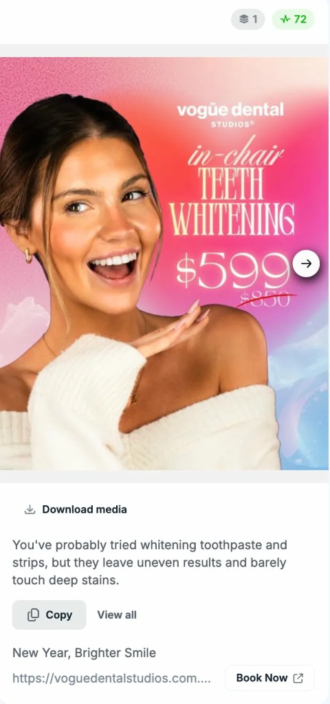 Vogue Dental Studios Facebook ad promoting teeth whitening at $599 discounted from $850 with a Book Now call to action.