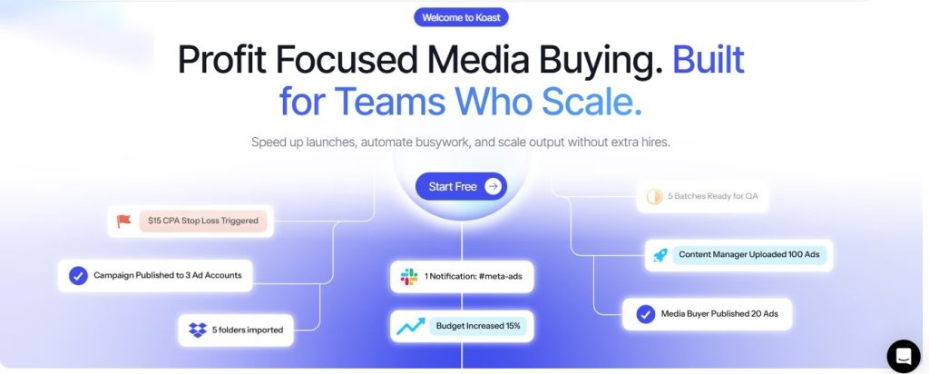Koast homepage hero with the tagline "Profit Focused Media Buying. Built for Teams Who Scale.