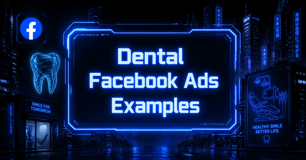 Cyberpunk blue neon banner with a futuristic dental clinic scene, Facebook icon, and centered glowing text for dental Facebook ads examples