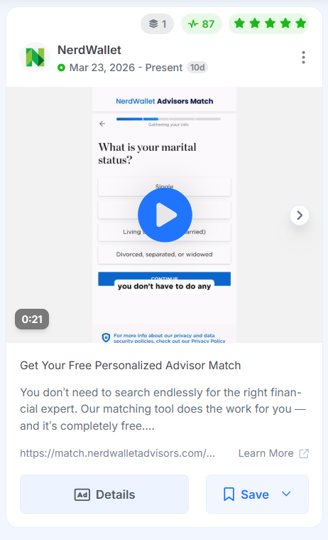 NerdWallet Advisors Match Facebook video ad showing a personalized quiz interface.
