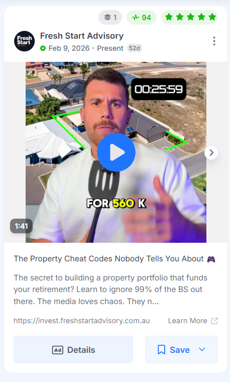 Fresh Start Advisory educational Facebook ad showing an advisor in front of an aerial property shot.