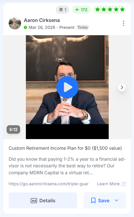 Aaron Cirksena's Facebook video ad featuring a financial advisor offering a free custom retirement income plan.