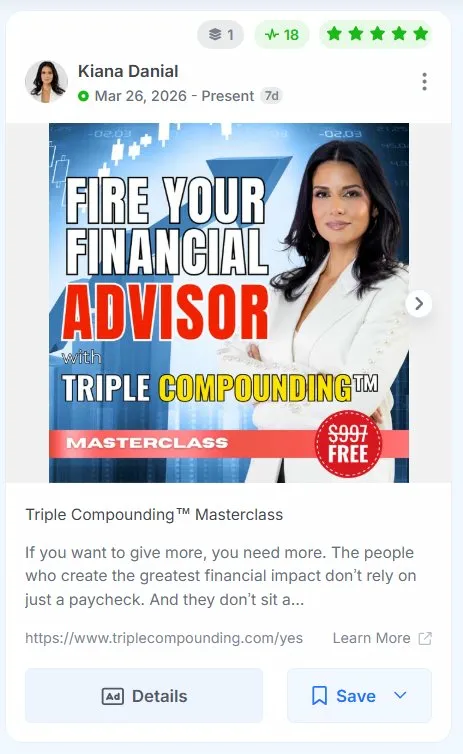 Kiana Danial Facebook ad promoting a free Triple Compounding Masterclass.