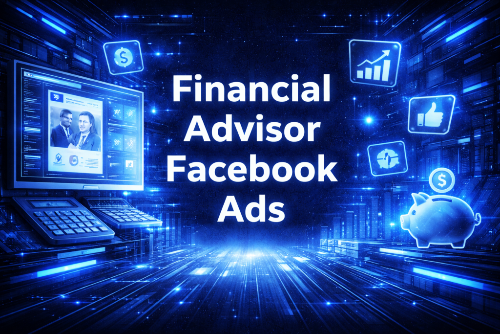 Financial advisor Facebook ads graphic with analytics dashboard, growth icons, and piggy bank in a futuristic digital workspace.