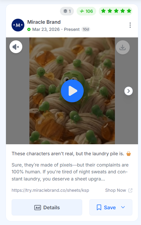 Miracle Brand Facebook video ad showing animated cartoon characters sitting on a pile of laundry.