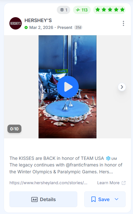 Hershey's Facebook video ad showing Kisses chocolates animated as figure skaters.