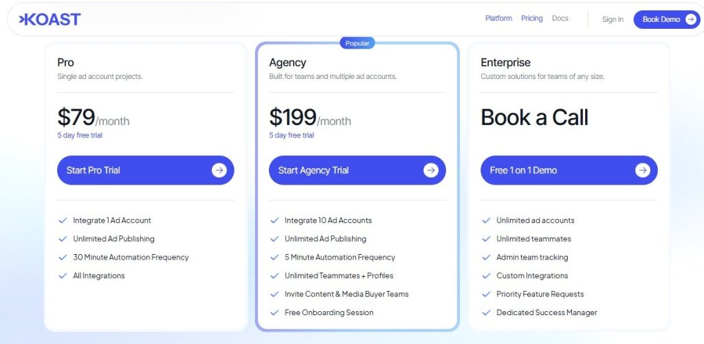 Koast pricing page showing three tiers, Pro, Agency, and Enterprise, with feature breakdowns for each.