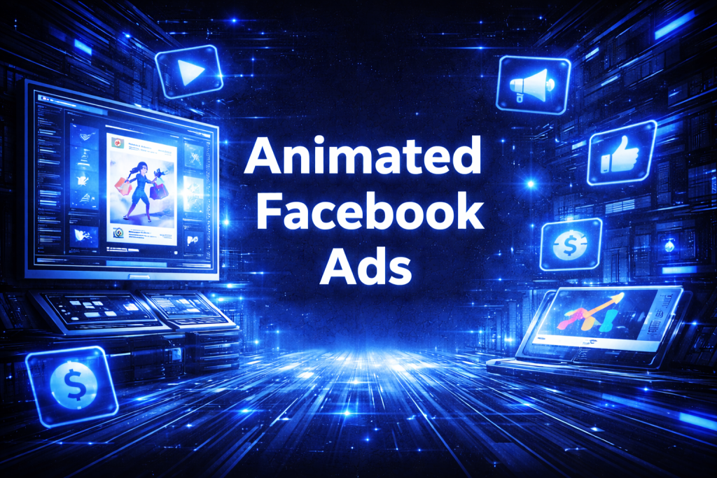 Animated Facebook ads graphic with video icons, analytics dashboards, and growth metrics in a futuristic digital workspace.