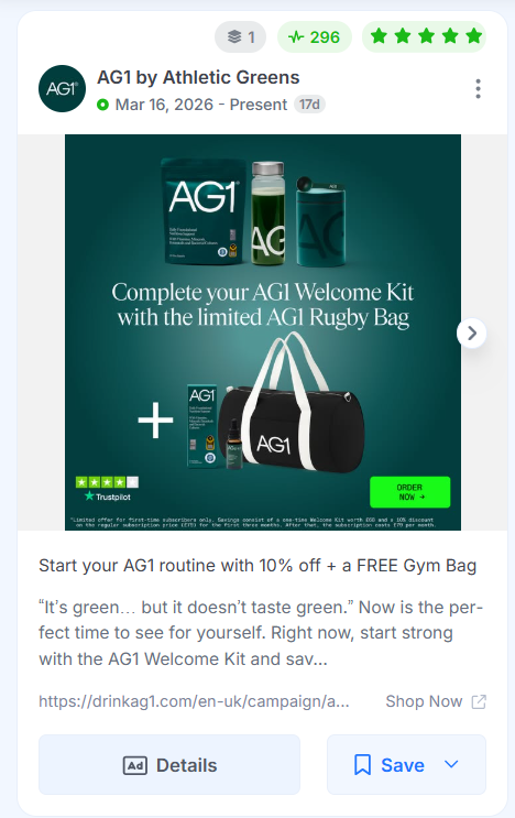 AG1 by Athletic Greens Facebook ad offering 10% off and a free gym bag for first-time subscribers.