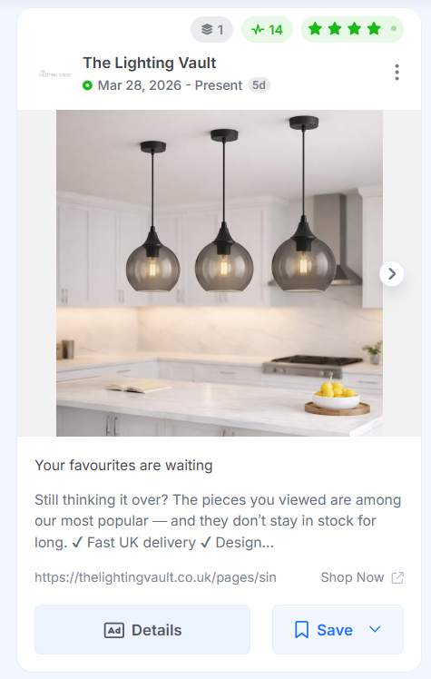The Lighting Vault Facebook carousel ad showing pendant lights in a kitchen setting.