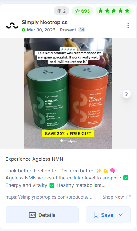 Simply Nootropics Facebook ad showing two supplement products with a five-star customer review overlay.