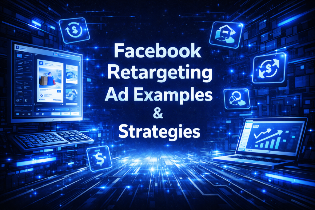 Facebook retargeting ad examples and strategies graphic with ad dashboard screens, conversion icons, and analytics charts in a futuristic digital workspace.