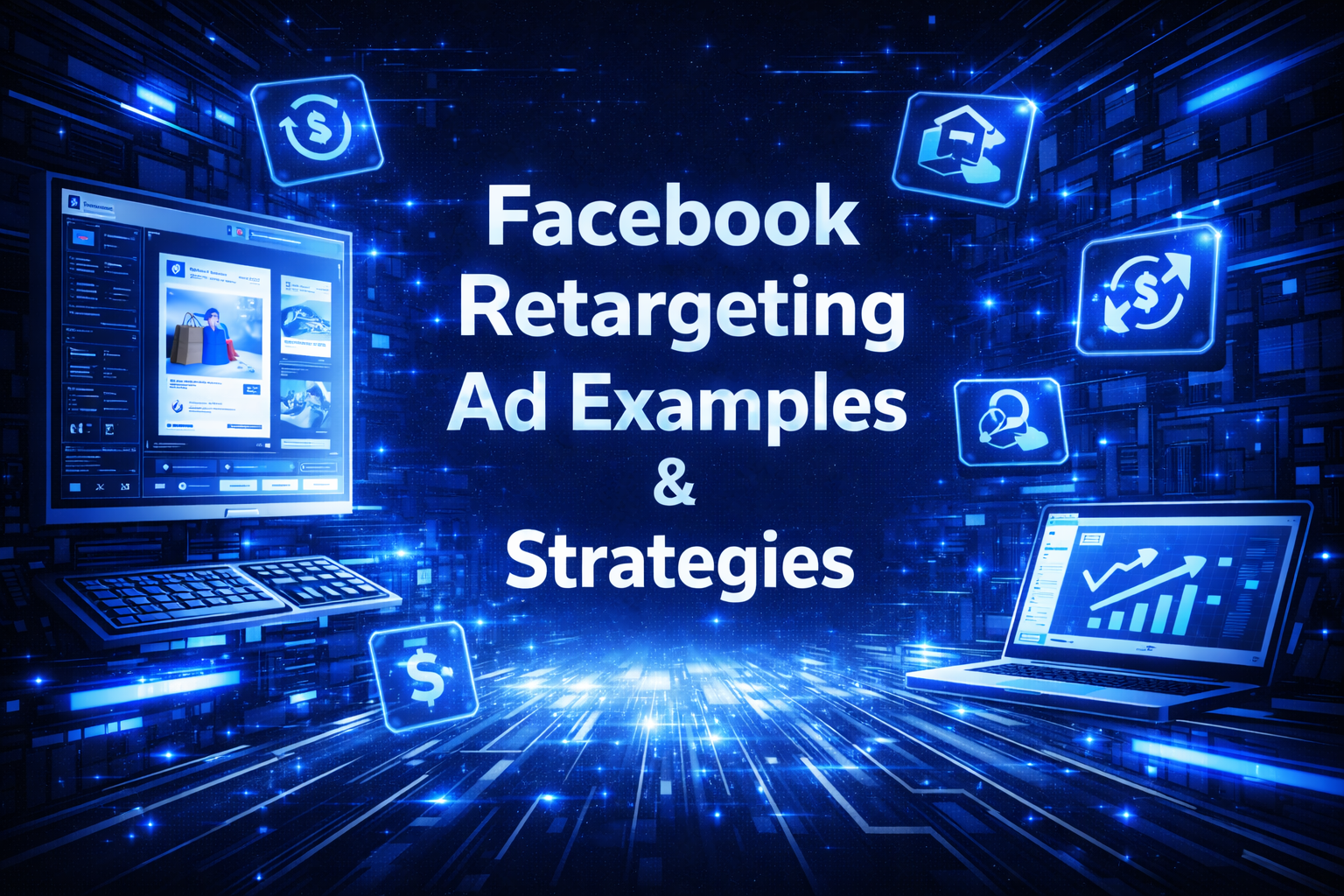 Facebook retargeting ad examples and strategies graphic with ad dashboard screens, conversion icons, and analytics charts in a futuristic digital workspace.