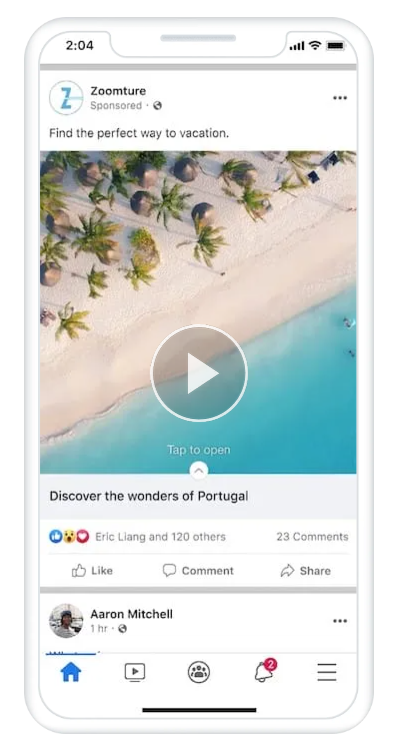 Zoomture's Facebook Instant Storytelling lead-in ad showing an aerial beach video with a tap-to-open prompt and a headline about discovering Portugal.