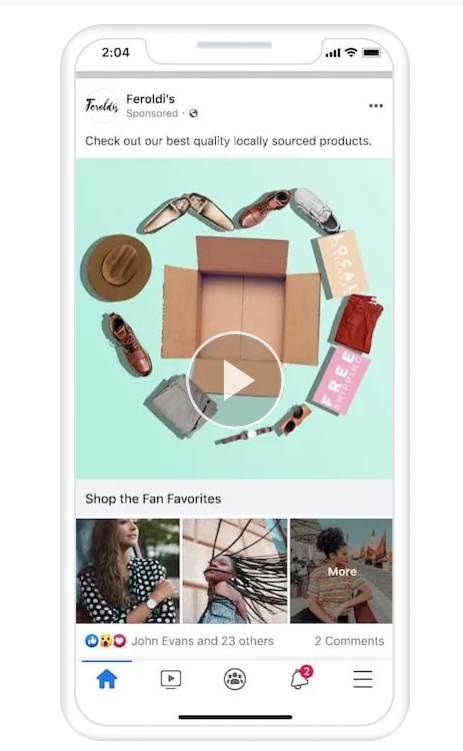 Feroldi's Facebook Instant Lookbook lead-in ad showing a flat lay hero video of clothing and accessories above a lifestyle image product grid.