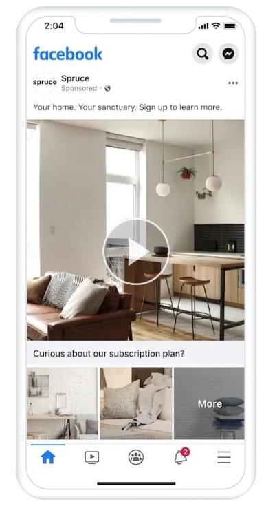 Meta's Instant Customer Acquisition template example showing a Spruce home decor ad with a hero video and subscription plan CTA above a lifestyle image grid.