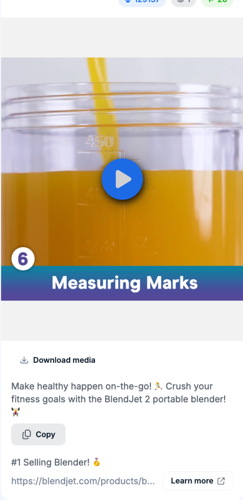 BlendJet Facebook video ad and copy framing the portable blender as a fitness and on-the-go lifestyle tool, with a Learn More call to action.