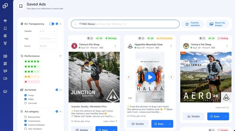 GetHookd saved ads dashboard displaying competitor creatives with performance filters and category tags.