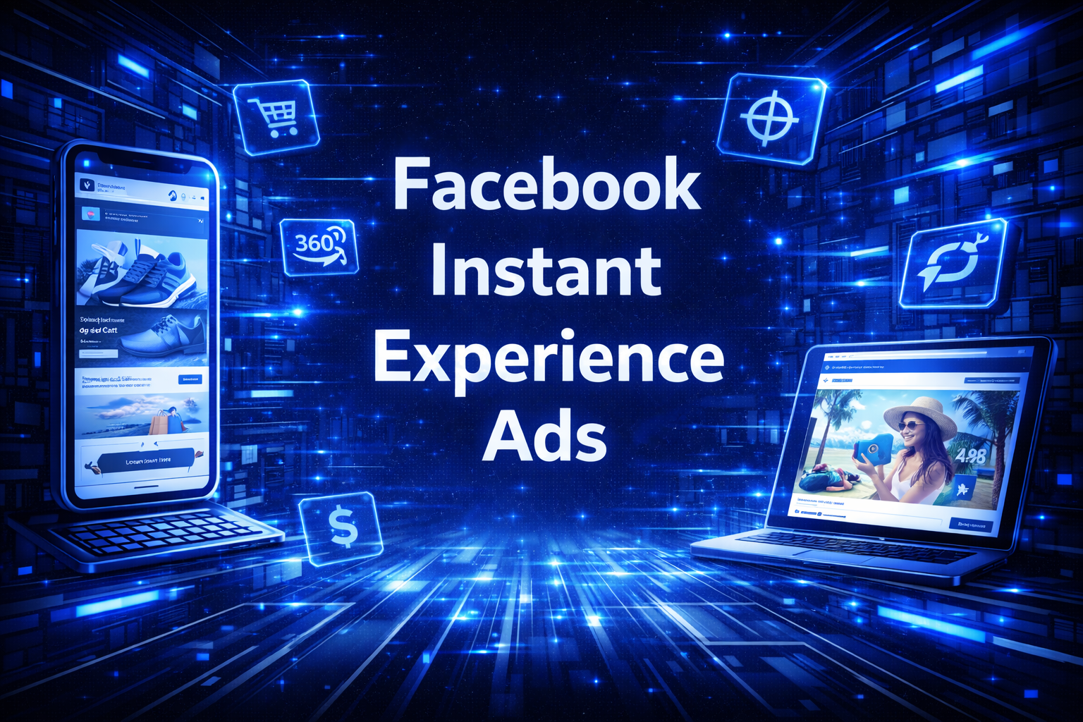 Facebook Instant Experience ads graphic with mobile ad previews, shopping icons, and interactive elements in a futuristic digital workspace.