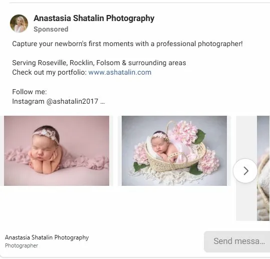 Anastasia Shatalin Photography Facebook ad showing two newborn portrait images.