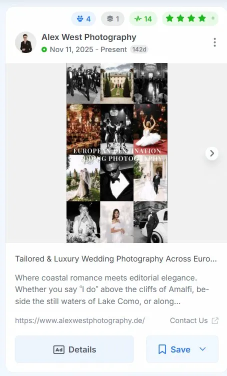 Alex West Photography Facebook ad featuring a grid of black-and-white European destination wedding photos.