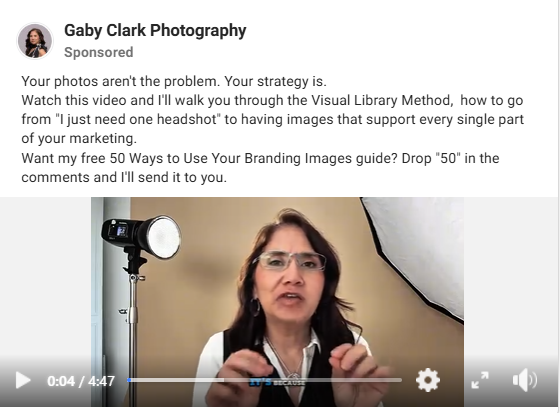 Gaby Clark Photography Facebook video ad with a photographer speaking to the camera about brand photography strategy.