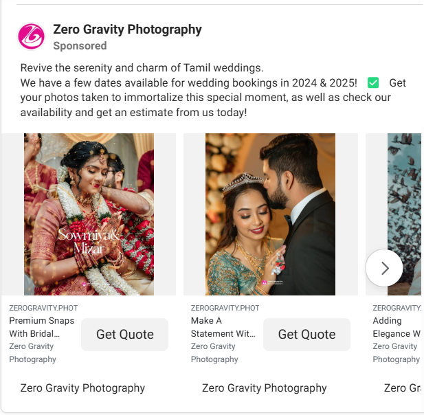 Zero Gravity Photography Facebook carousel ad showing multiple wedding photos with Get Quote CTAs.
