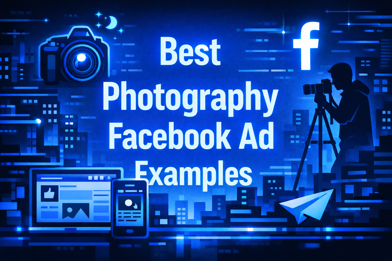 Illustration featuring a photographer with a camera and a Facebook-themed interface, with glowing blue text “Best Photography Facebook Ad Examples” centered on a futuristic city background.