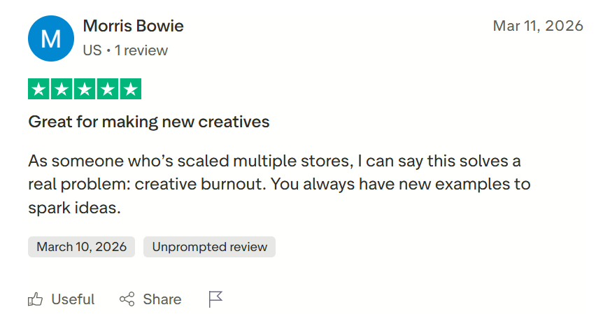 Five-star Trustpilot review from Morris Bowie praising GetHookd for solving creative burnout.
